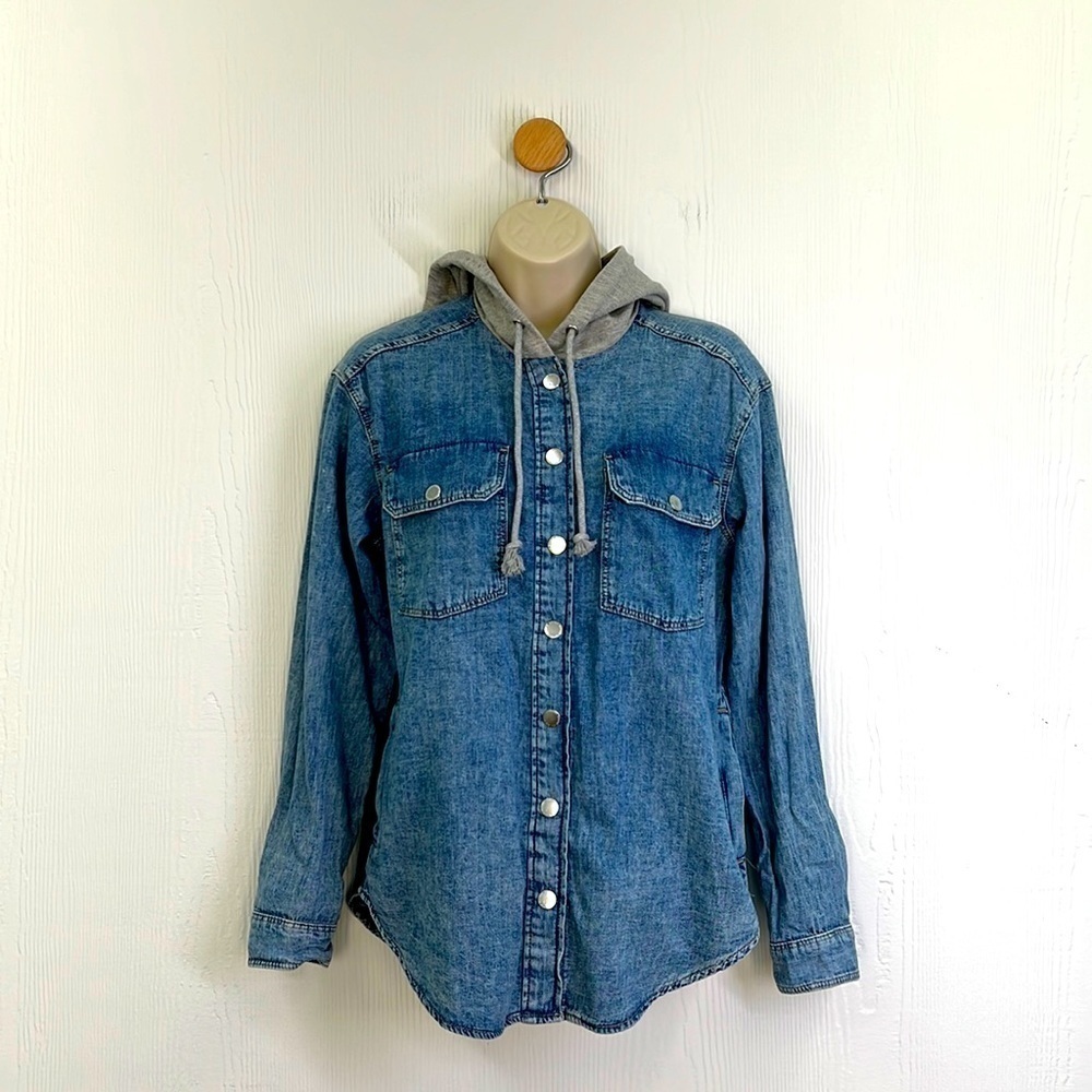H&M - Stonewash Button Down Grey Hooded With Pockets Long Jean Shirt Size XXS